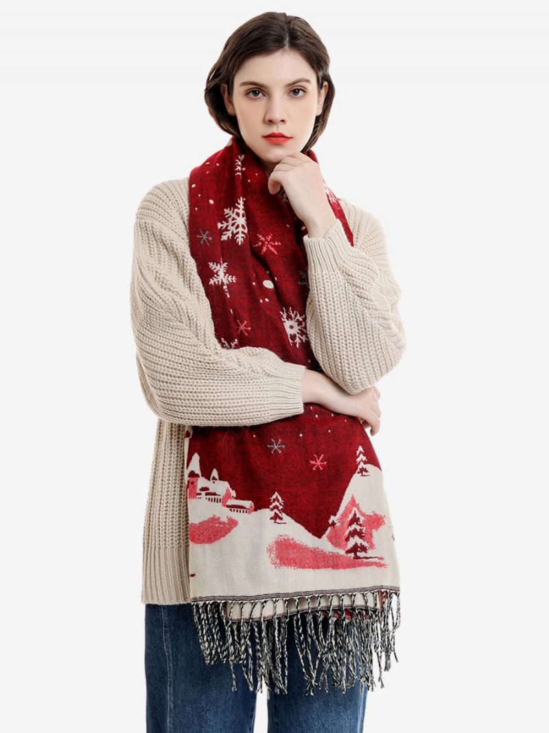 Écharpe Pour Femmes Mode Motif Noël Frange Hiver Chaud Acc - Rouge