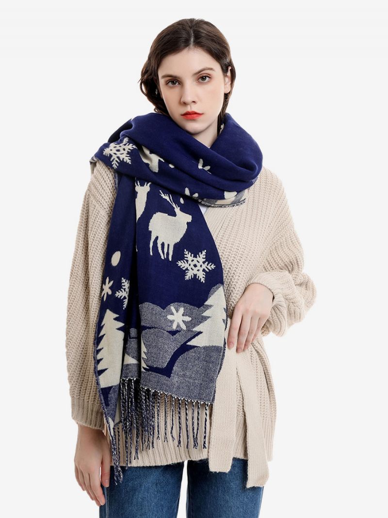 Écharpe Pour Femmes Mode Motif Noël Frange Hiver Chaud Acc - Bleu