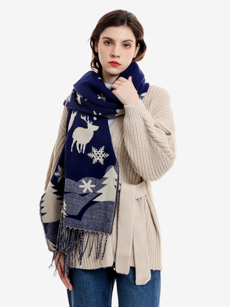 Écharpe Pour Femmes Mode Motif Noël Frange Hiver Chaud Acc - Bleu