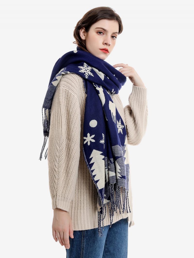 Écharpe Pour Femmes Mode Motif Noël Frange Hiver Chaud Acc - Bleu