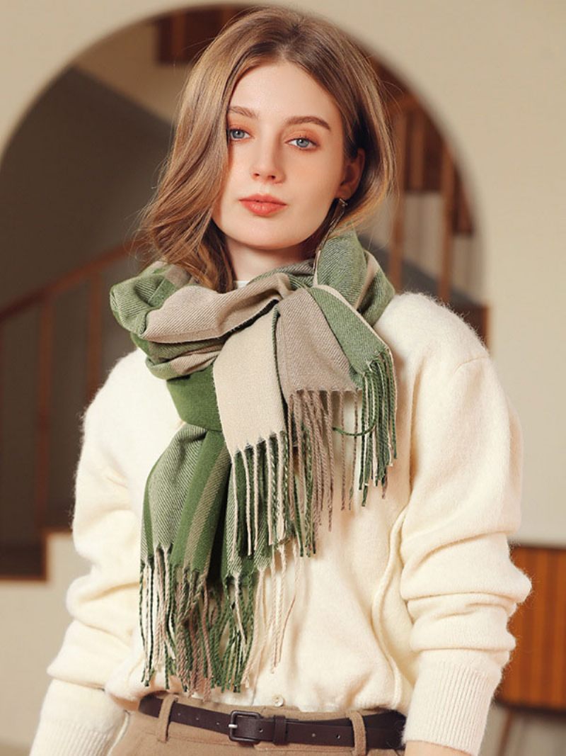 Écharpe Pour Femmes Plaid Frange Fibre Hiver Chaud Longues Écharpes - Vert