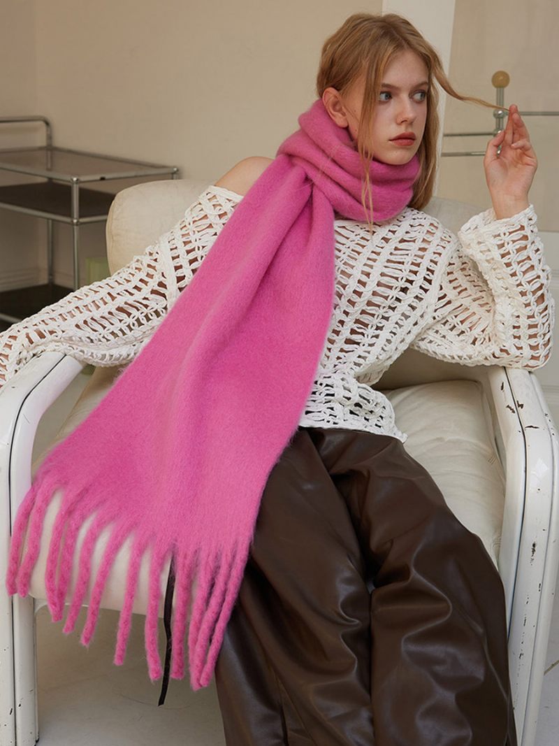 Écharpe À Franges Couleur Unie Silencieux Chic Et Moderne Pour L'automne L'hiver Femmes - Rose