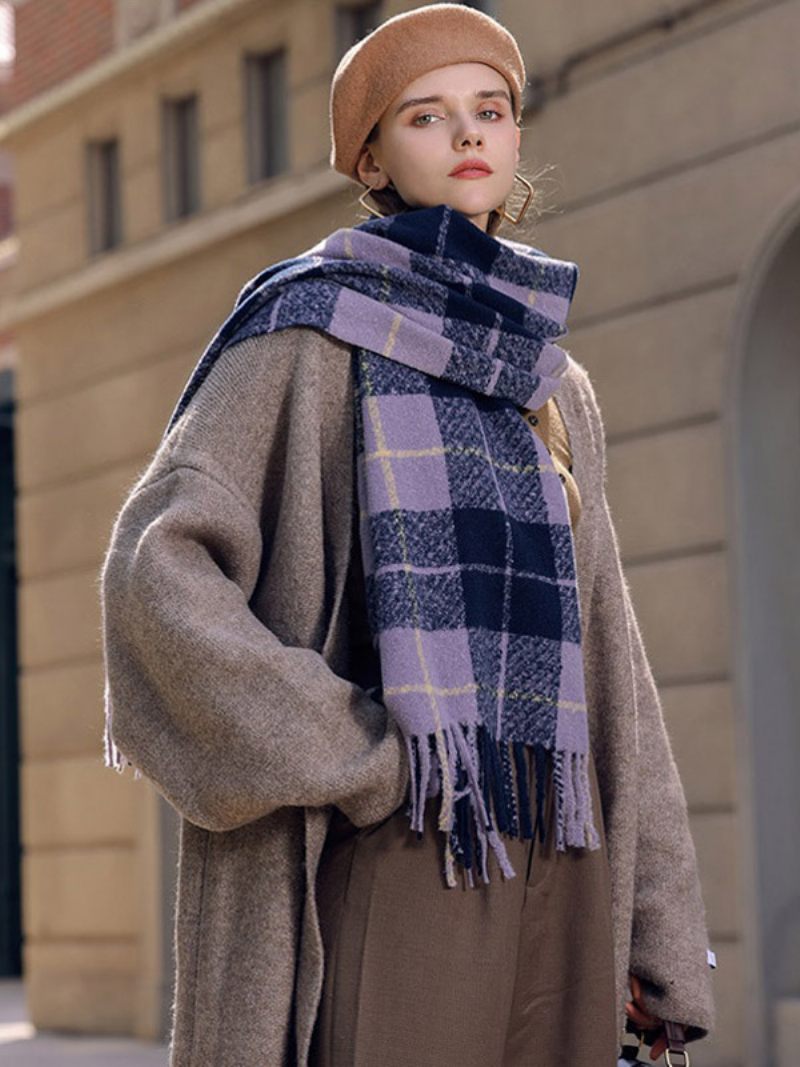 Écharpe Vintage Pour Femmes Avec Écharpes Classiques À Carreaux Franges L'automne Et L'hiver - Bleu Profond