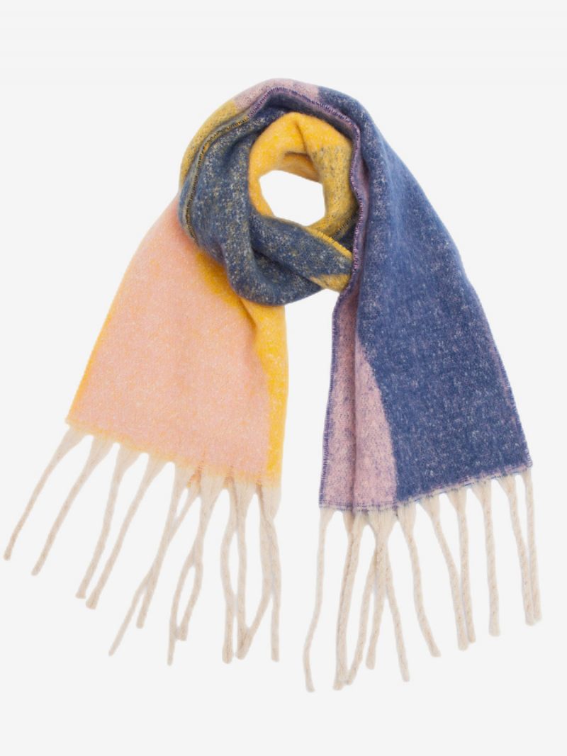 Foulard Flou Bloc Couleur Avec Franges Foulards Décontractés Pour Femmes L'automne Et L'hiver - Bleu Marine Foncé