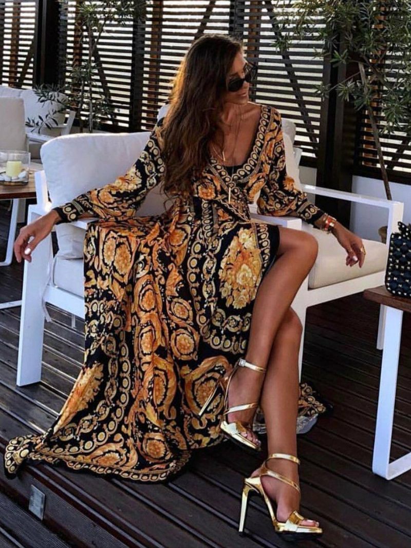 Boho Maxi Robes Manches Longues Imprimé Col V Fente Robe Longue Pour Les Femmes