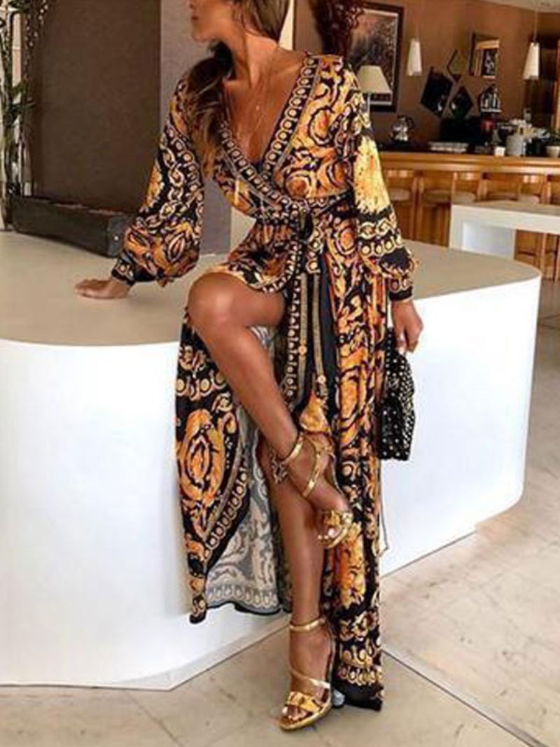 Boho Maxi Robes Manches Longues Imprimé Col V Fente Robe Longue Pour Les Femmes - Doré