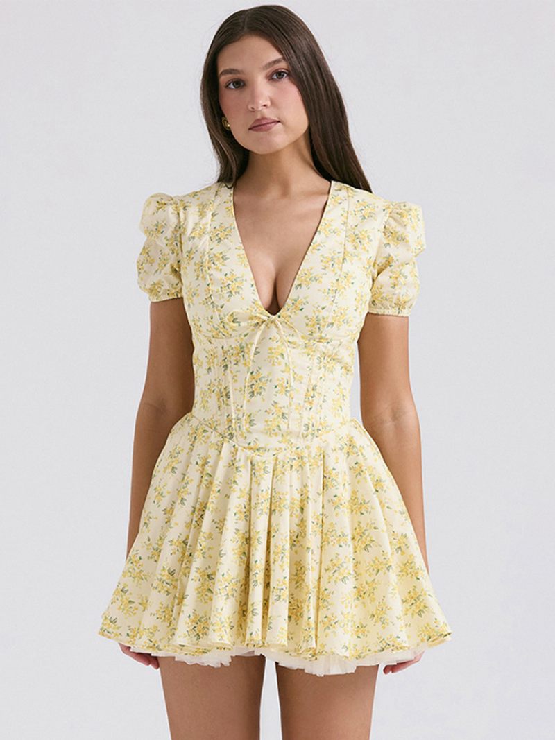 Mini Robe À Fleurs Pour Femmes Imprimé Floral Manches Courtes Col V Chic Lacets Fermeture Éclair Sans Couture Ouverte Courte Été - Jaune