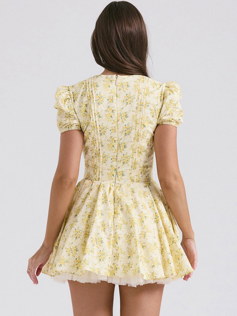 Mini Robe À Fleurs Pour Femmes Imprimé Floral Manches Courtes Col V Chic Lacets Fermeture Éclair Sans Couture Ouverte Courte Été - Jaune