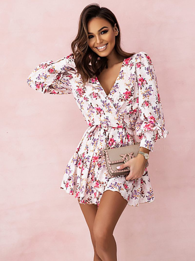 Mini Robes Noires À Fleurs Pour Femmes Manches Longues Robe Courte Lacets - Noir