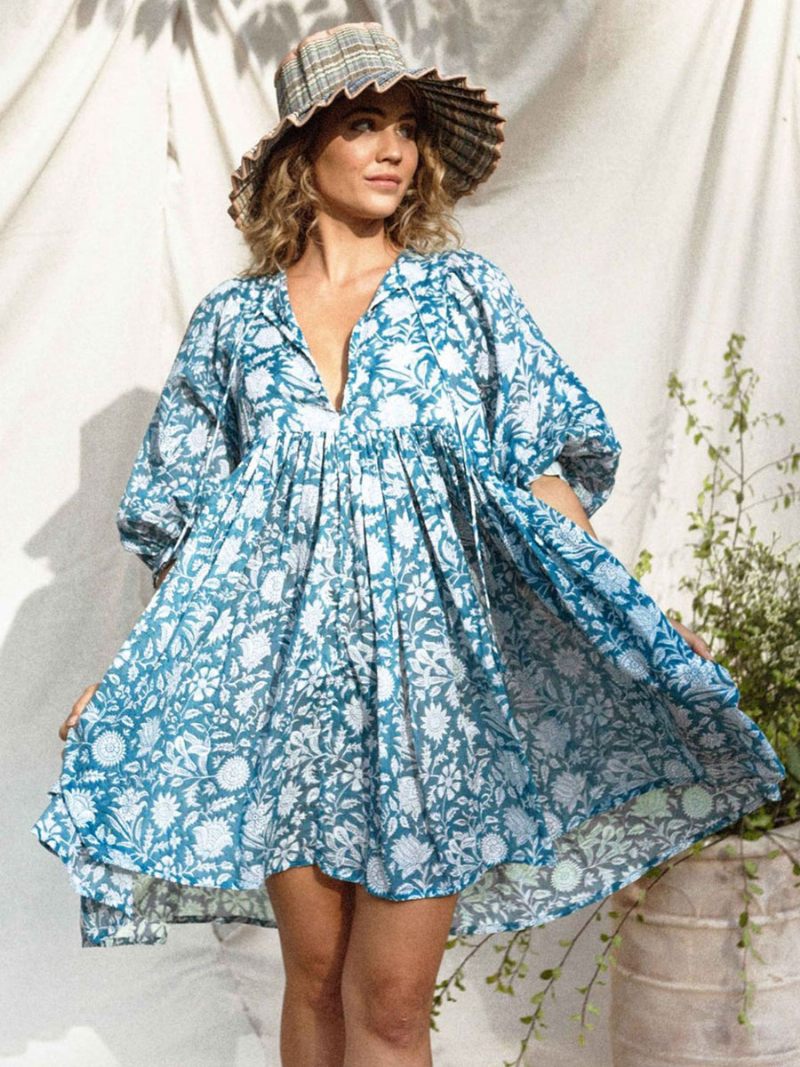 Robe Boho Pour Femmes Col V Demi-manches Plage Surdimensionnée Imprimée