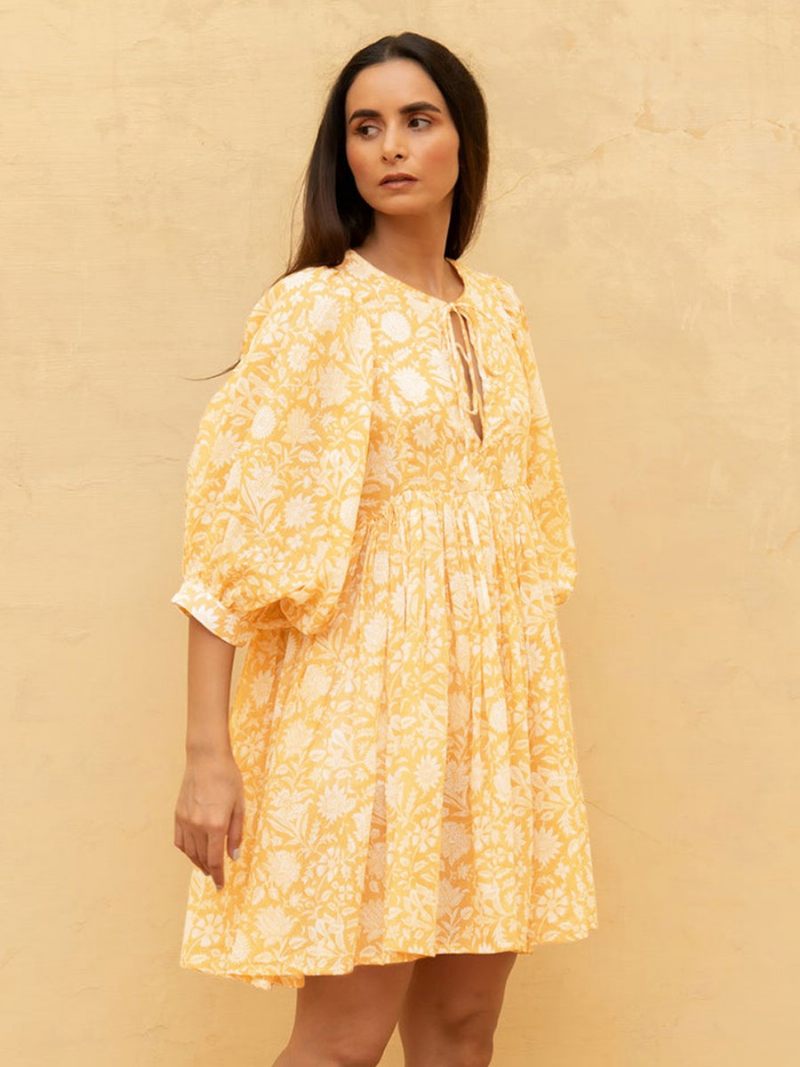 Robe Boho Pour Femmes Col V Demi-manches Plage Surdimensionnée Imprimée - Jaune Clair