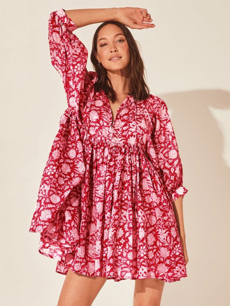 Robe Boho Pour Femmes Col V Demi-manches Plage Surdimensionnée Imprimée - Rose