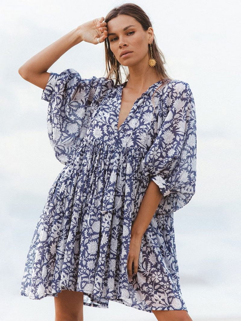 Robe Boho Pour Femmes Col V Demi-manches Plage Surdimensionnée Imprimée - Bleu