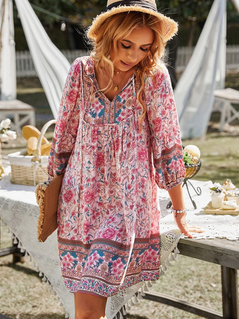 Robe Boho Pour Femmes Col V Manches Longues D'été Imprimée