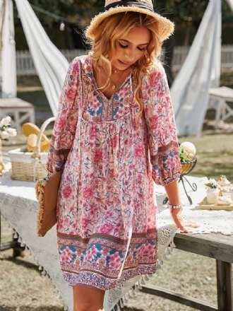 Robe Boho Pour Femmes Col V Manches Longues D'été Imprimée