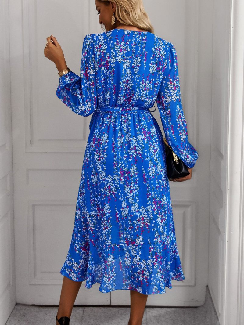 Robe Boho Pour Femmes Col V Manches Longues Imprimé Floral Plage À Lacets - Bleu