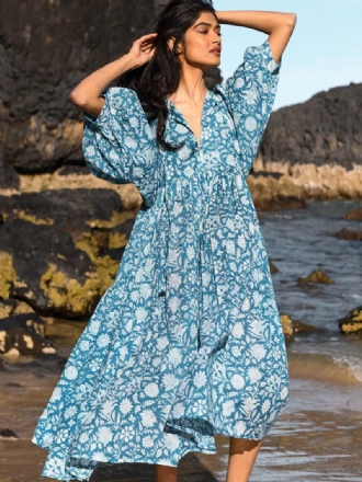 Robe Boho Pour Femmes Manches Mi-longues Imprimée Surdimensionnée Plissée Été