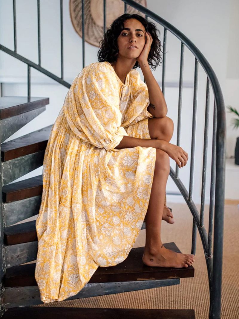 Robe Boho Pour Femmes Manches Mi-longues Imprimée Surdimensionnée Plissée Été - Jaune Clair