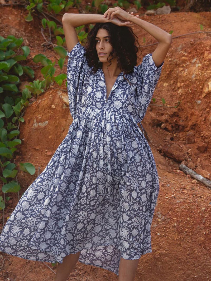 Robe Boho Pour Femmes Manches Mi-longues Imprimée Surdimensionnée Plissée Été - Bleu