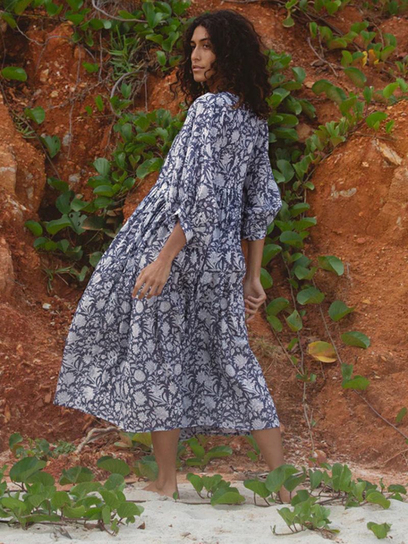 Robe Boho Pour Femmes Manches Mi-longues Imprimée Surdimensionnée Plissée Été - Bleu