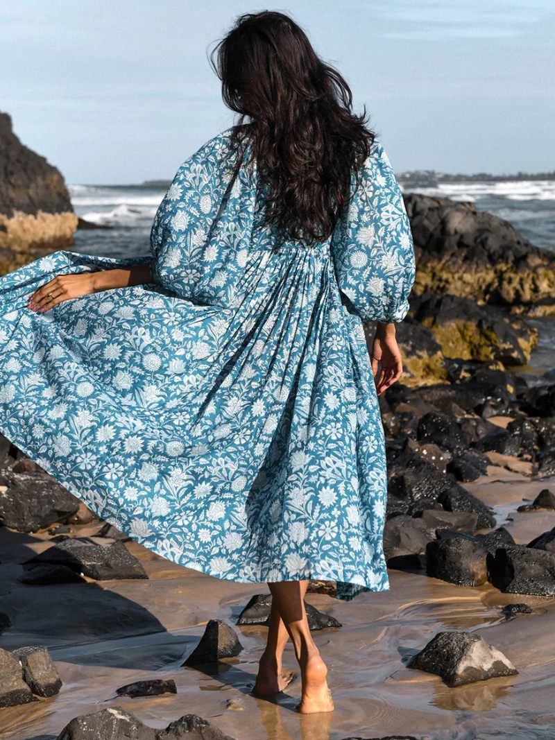 Robe Boho Pour Femmes Manches Mi-longues Imprimée Surdimensionnée Plissée Été - Sarcelle