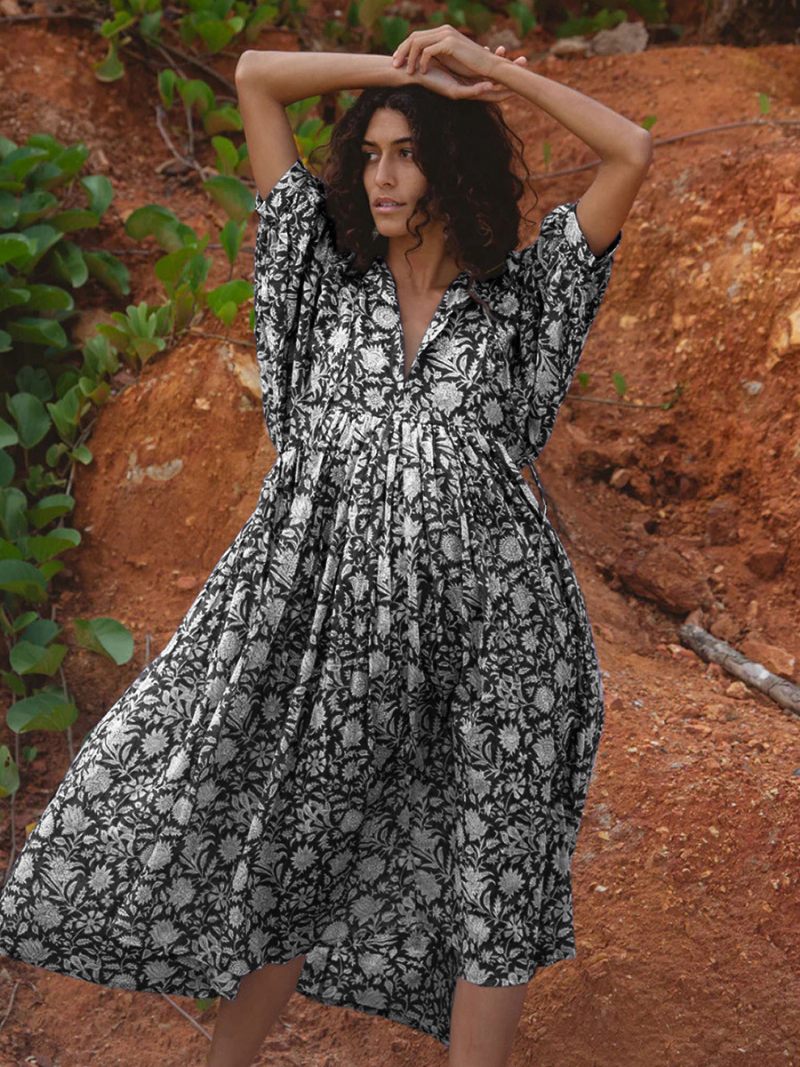 Robe Boho Pour Femmes Manches Mi-longues Imprimée Surdimensionnée Plissée Été - Noir