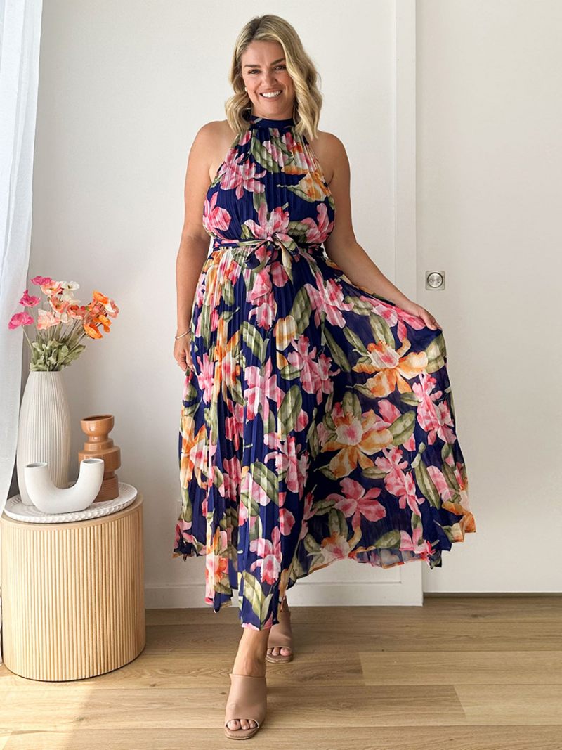 Robe Dos Nu Pour Femmes Imprimé Floral Ceinturée Plissée Tenue Décontractée Tous Les Jours - Marine Foncé