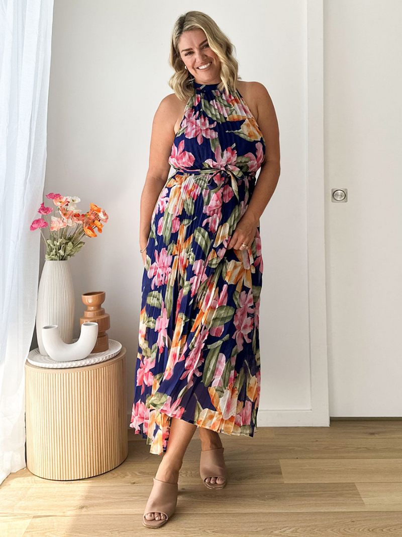 Robe Dos Nu Pour Femmes Imprimé Floral Ceinturée Plissée Tenue Décontractée Tous Les Jours - Marine Foncé