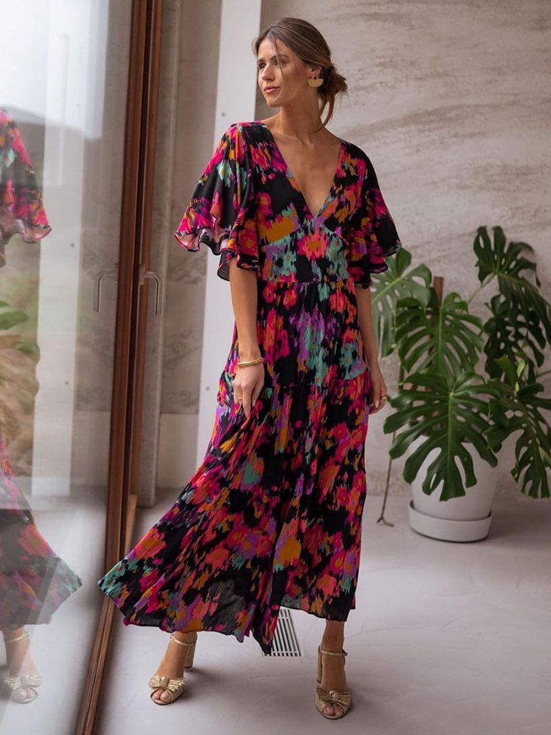 Robe D'été D'anniversaire Pour Femmes Noire Col V Volants Imprimée Plage