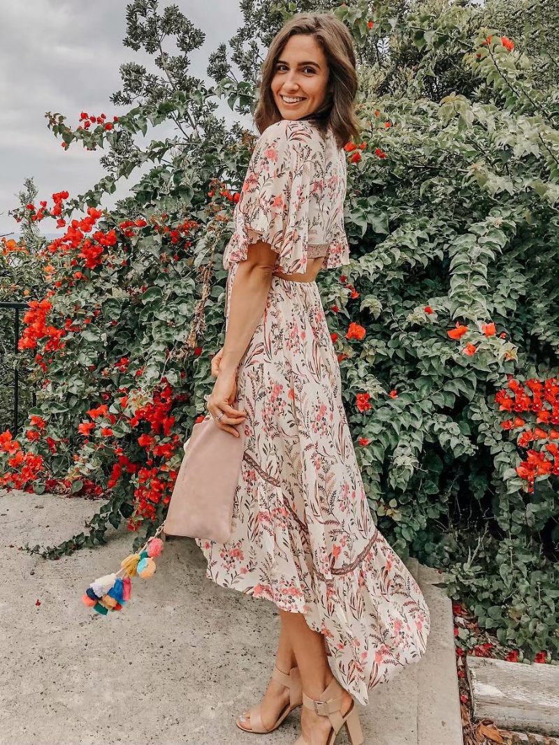 Robe D'été Bohème Pour Femmes Col V Manches Courtes Imprimée Haute Basse Découpée Plage - Rose