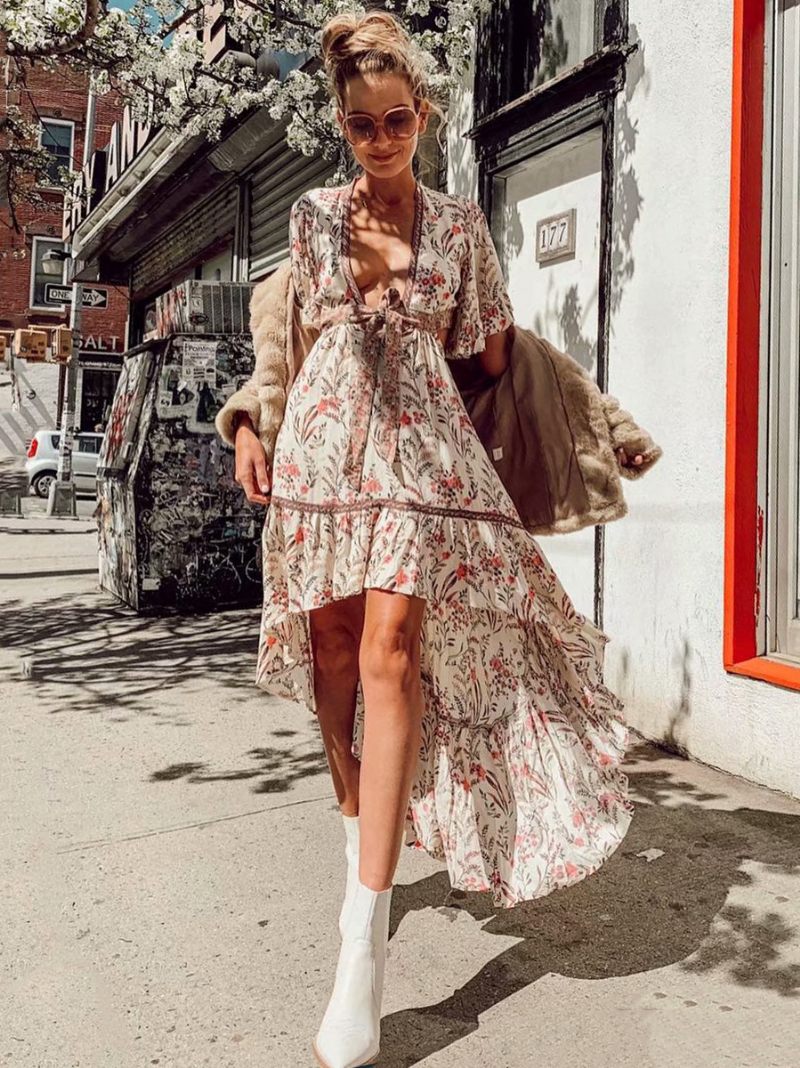 Robe D'été Bohème Pour Femmes Col V Manches Courtes Imprimée Haute Basse Découpée Plage - Rose