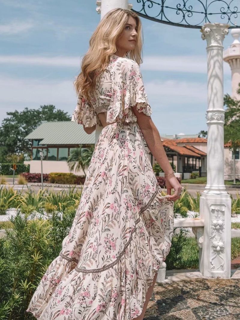 Robe D'été Bohème Pour Femmes Col V Manches Courtes Imprimée Haute Basse Découpée Plage - Rose