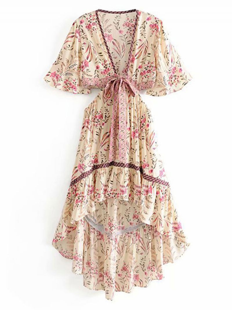 Robe D'été Bohème Pour Femmes Col V Manches Courtes Imprimée Haute Basse Découpée Plage - Rose