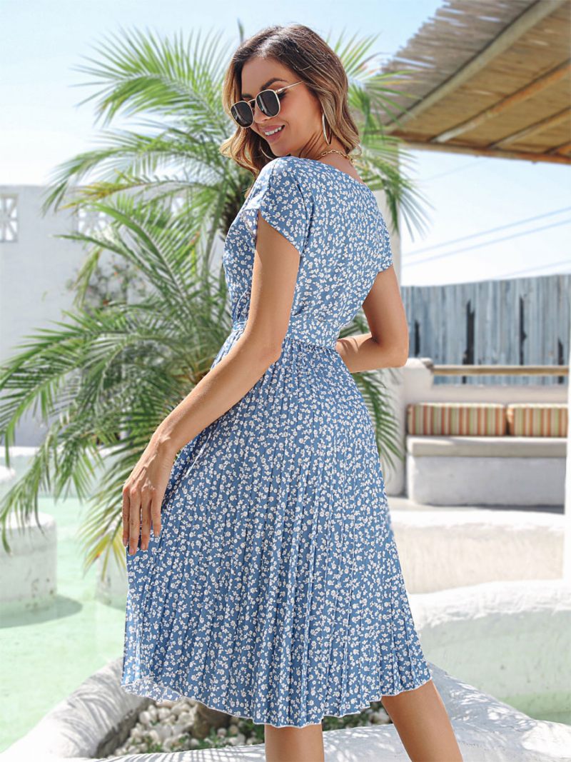 Robe D'été Pour Femmes Bleu Ciel Clair Imprimé Floral Plage - Bleu Ciel Clair