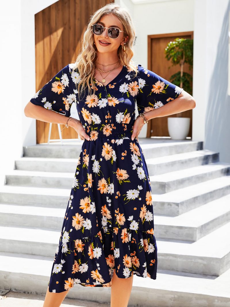 Robe D'été Pour Femmes Bleu Ciel Clair Imprimé Floral Plage - Marine Foncé