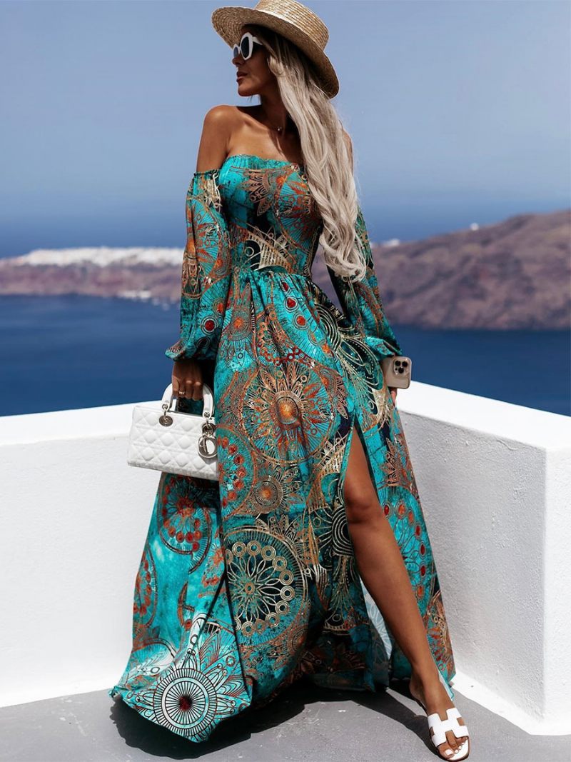 Robe D'été Pour Femmes Bleu Cyan Col Bateau Fendue Sur Le Devant Plage Imprimée