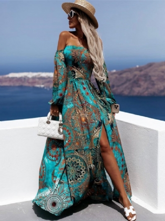 Robe D'été Pour Femmes Bleu Cyan Col Bateau Fendue Sur Le Devant Plage Imprimée