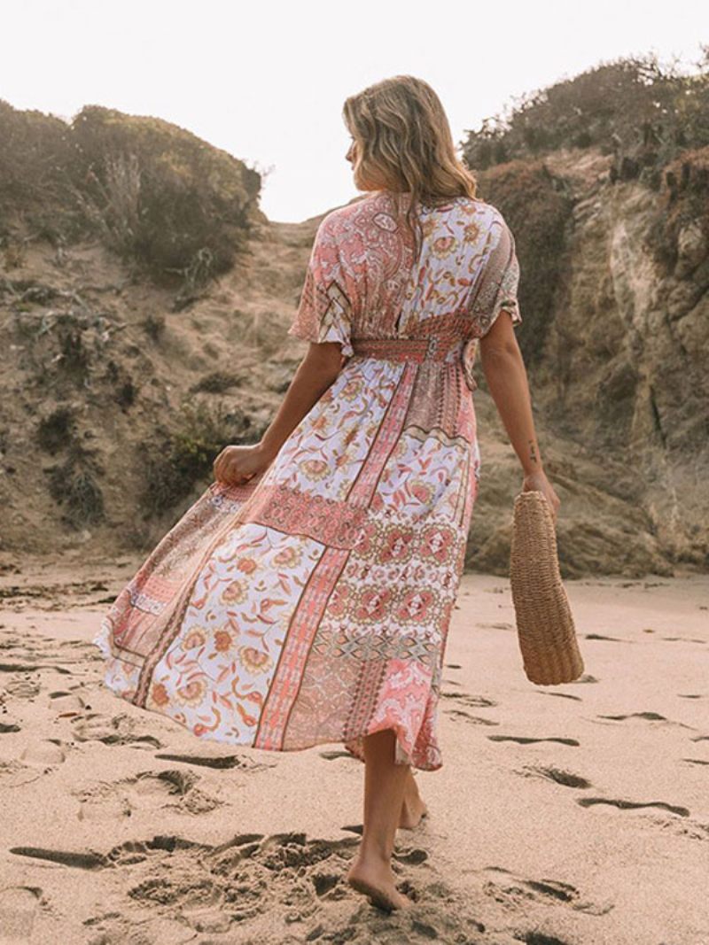 Robe D'été Pour Femmes Cache-robe Rose Col V Imprimé Floral Plage -  Rose