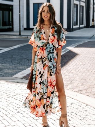 Robe D'été Pour Femmes Col V Imprimé Floral Longue Plage Bleue