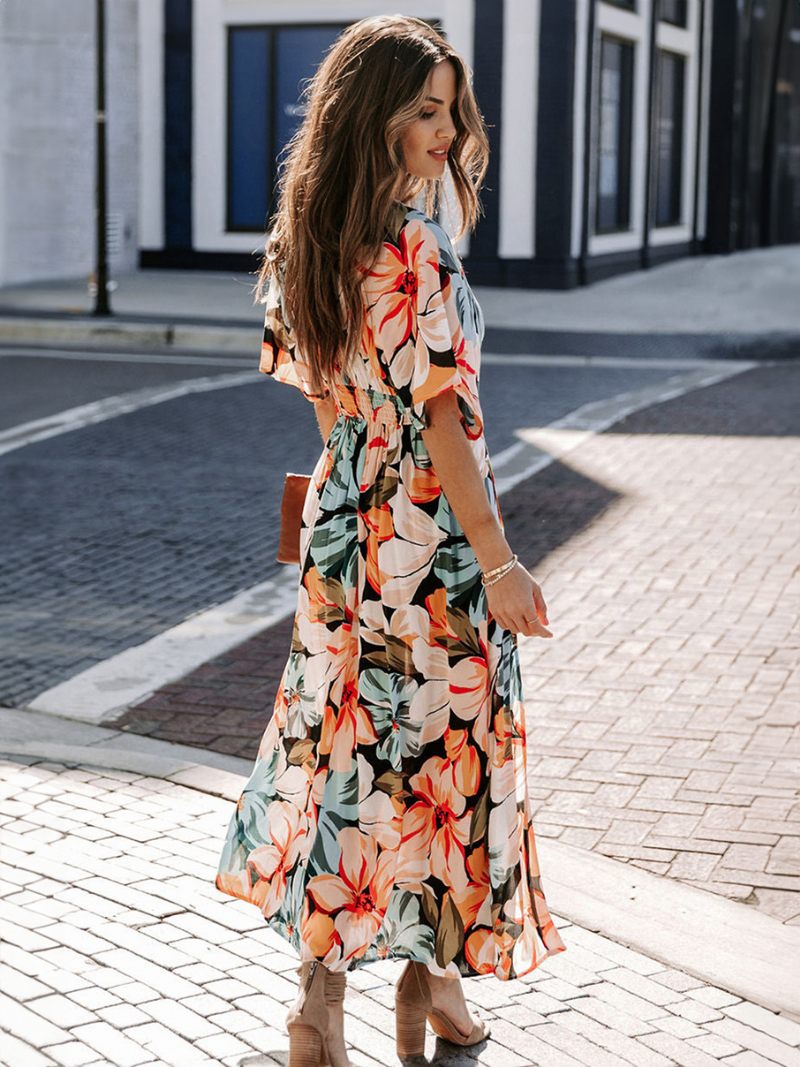 Robe D'été Pour Femmes Col V Imprimé Floral Longue Plage Bleue - Bleu