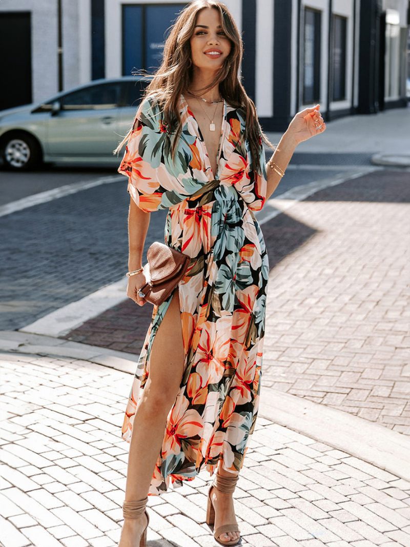 Robe D'été Pour Femmes Col V Imprimé Floral Longue Plage Bleue - Bleu