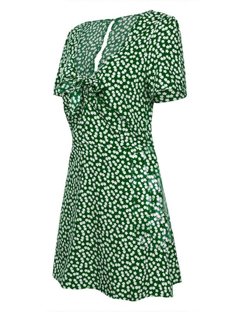 Robe D'été Pour Femmes Col V Imprimé Floral Nouée Courte Plage - Vert