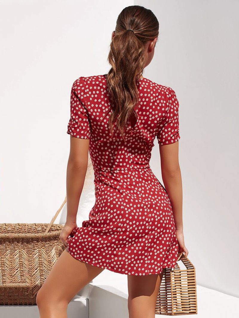 Robe D'été Pour Femmes Col V Imprimé Floral Nouée Courte Plage - Rouge