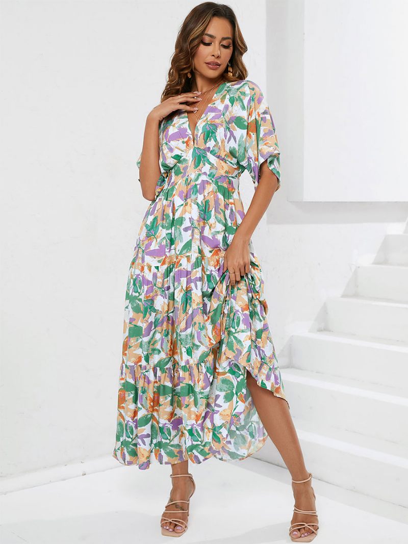 Robe D'été Pour Femmes Col V Imprimée Superposée Longue Verte Plage