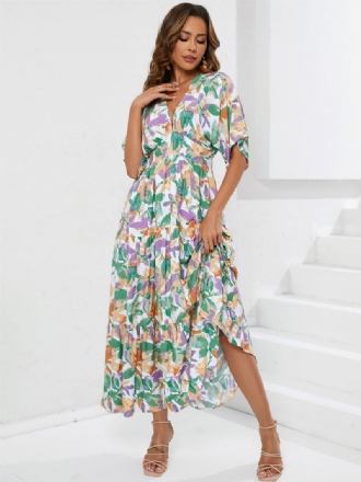 Robe D'été Pour Femmes Col V Imprimée Superposée Longue Verte Plage