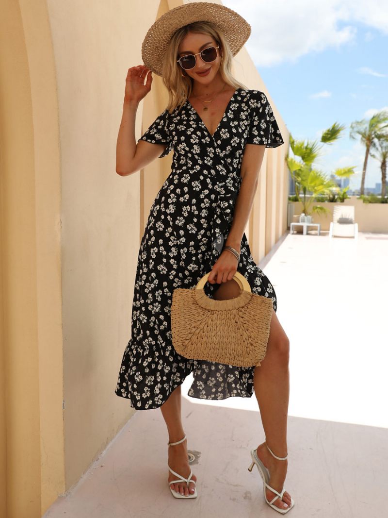 Robe D'été Pour Femmes Imprimé Floral Bleu Plage Moyenne - Noir