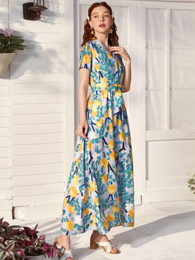 Robe D'été Pour Femmes Imprimé Floral Col V Manches Courtes Ceinture Robes Maxi Décontractées - Bleu Ciel Clair