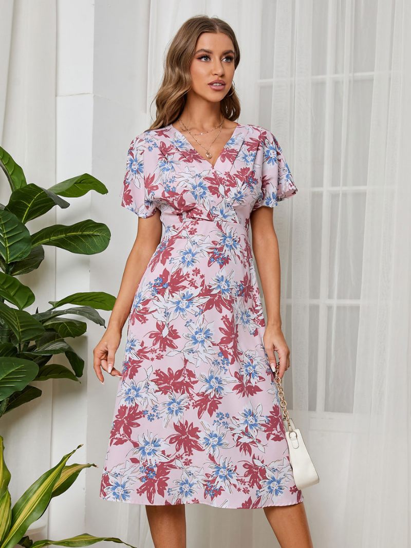 Robe D'été Pour Femmes Plage Mousseline Imprimée Col V Bleu Marine Foncé - Rose