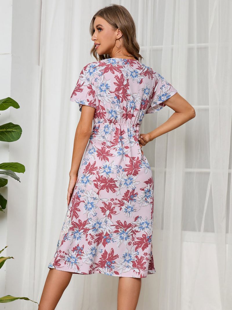 Robe D'été Pour Femmes Plage Mousseline Imprimée Col V Bleu Marine Foncé - Rose