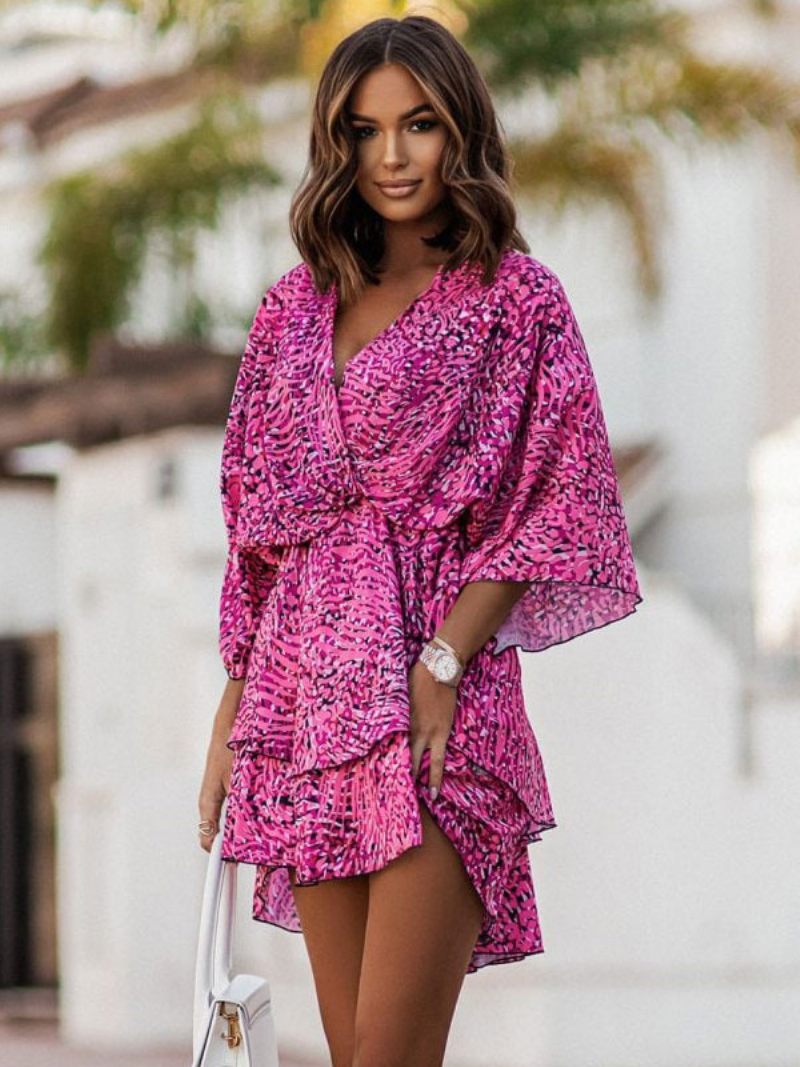 Robe D'été Pour Femmes Plage Rose À Col V - Violet